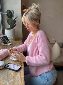 Women's Spring/Autumn/Winter Pink Basic Minimalist Long Sleeve V-Neck Front Open Cardigan Knit Jacket, Solid Color Gentle Casual Daily Wear - Pink - View 1