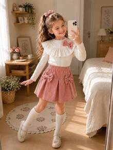 Girls Sweet Bow 2 Pieces Set, Ruffle Ribbed Long Sleeve Base Layer + Double Bow Corduroy Pleated Skirt, Soft Skin-Friendly Fabric, Gentle Spring/Autumn Outfit For Young Girl - Multicolor - View 6
