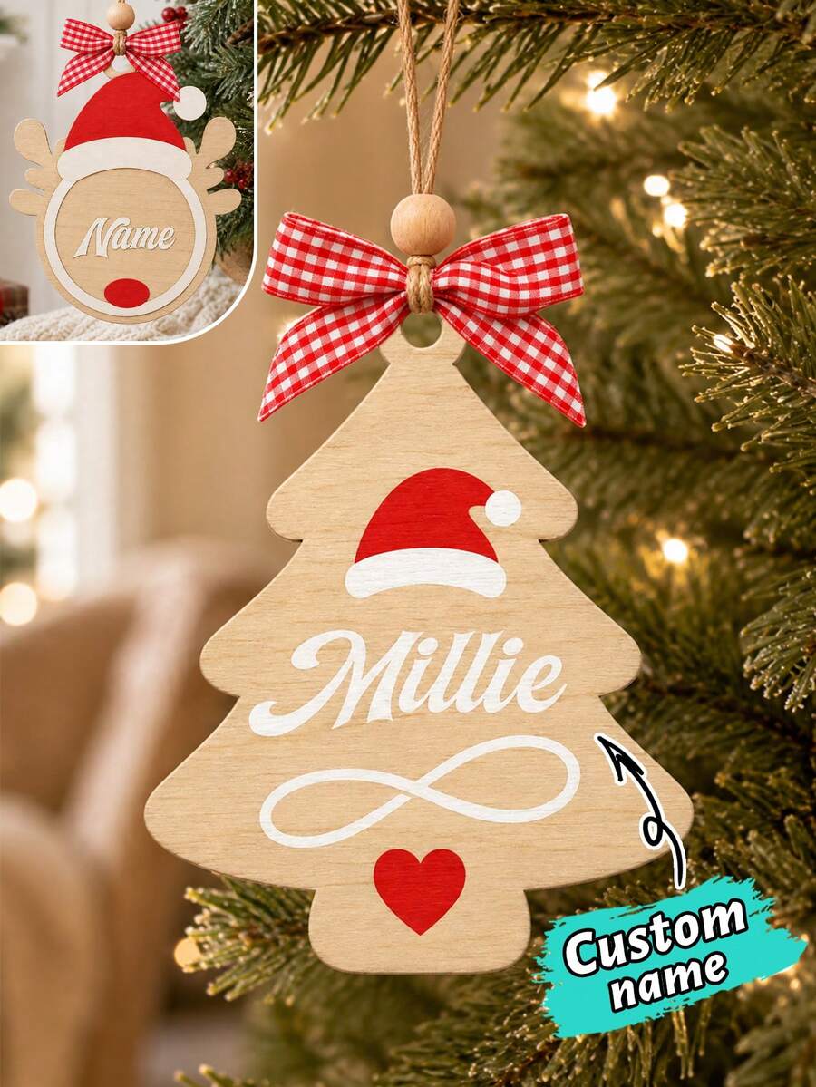 Custom Wooden Christmas Tree Ornament, Personalized Name Santa Hat Holiday Decor, Festive Rustic Christmas Style, Customized Hanging Wall Decoration, Customizable Name Tree Ornament, Christmas Party Decor, Holiday Keepsake Gift, Christmas Gift 2026 - Style B - View 1
