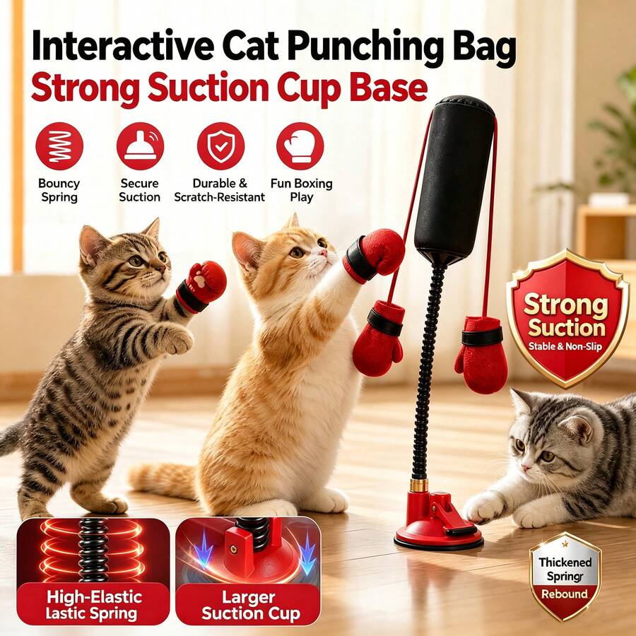 Cat Punching Bag Interactive Toy With Suction Cup Base And Spring Bounce, Includes Hanging Gloves, Indoor Self-Play Puzzle Toy For Kittens And Adult Cats, Relieves Boredom And Satisfies Hunting Instincts, Furniture-Protecting Pet Play Accessory