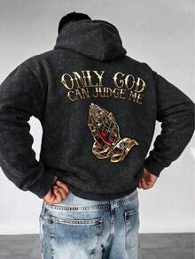 Vintage Washed Tie-Dye Men's Hoodie Sweatshirt, Autumn/Winter, Back Prayer Hands Large Print, Loose Fit, Dropped Shoulder, Pullover Casual Sweatshirt - Black - View 1