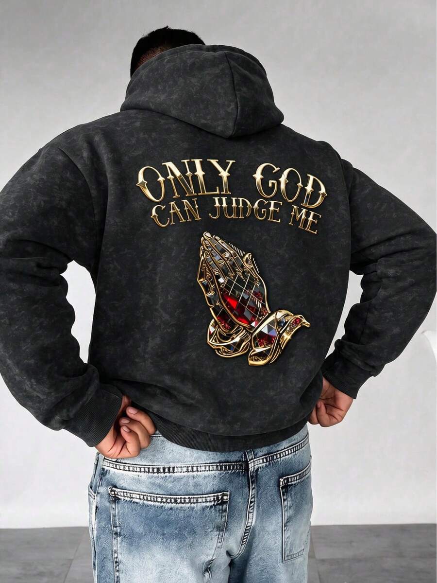 Vintage Washed Tie-Dye Men's Hoodie Sweatshirt, Autumn/Winter, Back Prayer Hands Large Print, Loose Fit, Dropped Shoulder, Pullover Casual Sweatshirt - Black - View 1