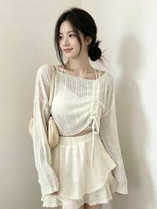 YCYC Women's Korean Style Soft Knit Top With Drawstring Design - White - View 1