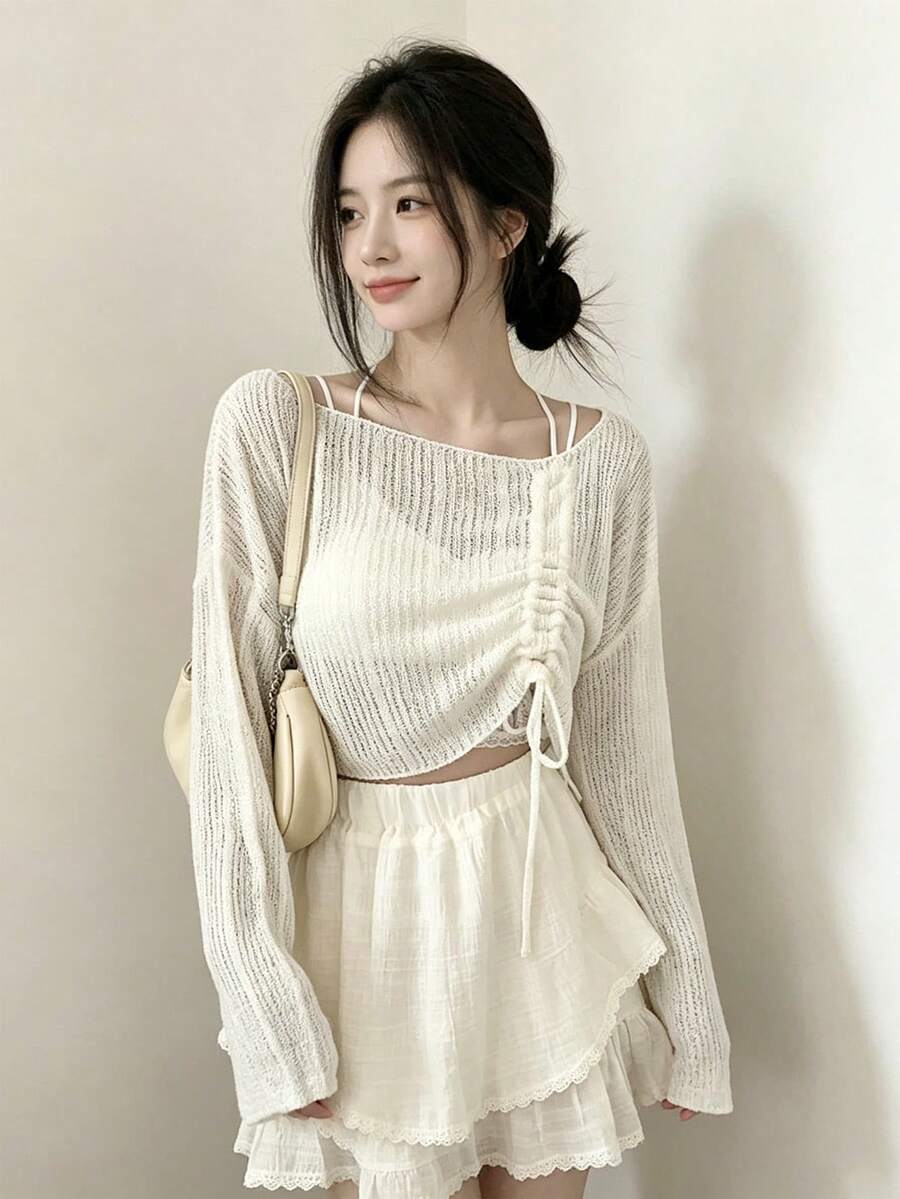 YCYC Women's Korean Style Soft Knit Top With Drawstring Design - White - View 1