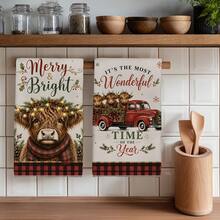 2PCS Christmas Highland Cow & Truck Pattern Printed 40*60cm Country Vintage Style Rectangular Microfiber Soft Kitchen Towels, Dish Cloths, Tablecloths, Hand Towels, Christmas Home Decor, Bathroom & Kitchen Decor, Neighbor Housewarming Gift, Perfect For Kitchen & Bathroom Use, Suitable For Housewives And Family Gatherings, High Value, Household Essential - Multicolor - View 1