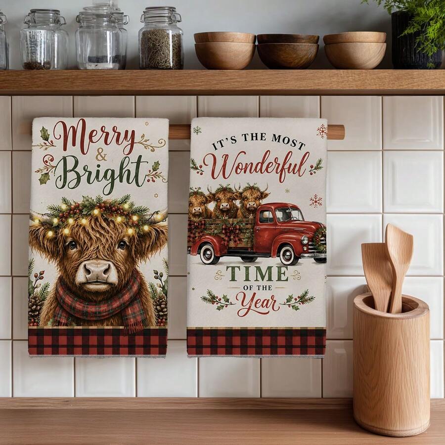 2PCS Christmas Highland Cow & Truck Pattern Printed 40*60cm Country Vintage Style Rectangular Microfiber Soft Kitchen Towels, Dish Cloths, Tablecloths, Hand Towels, Christmas Home Decor, Bathroom & Kitchen Decor, Neighbor Housewarming Gift, Perfect For Kitchen & Bathroom Use, Suitable For Housewives And Family Gatherings, High Value, Household Essential - Multicolor - View 1
