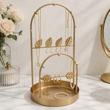 Gold Iron Jewelry Organizer With Leaf Design And Double Arch, Stand For Necklaces, Earrings And Bracelets With Round Base Tray For Rings, 15.5x30cm - Dorado - View 2