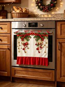 Christmas Themed Oven Door Cover, Dishwasher Panel Decorative Curtain, Polyester Material, Red Ribbon Bow & Pine Cone Print Design, With Ruffle Edge And Bowknot, Christmas Holiday Kitchen Decoration Towel, Suitable For Stove Front Winter Home Decor, Farmhouse Style Christmas Kitchen Party Supplies, Also Suitable For Dishwasher, Oven, Sink, Entryway Shoe Rack - Creamy White - View 9