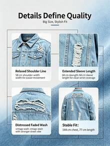 Men Denim Jacket Loose Plus Size Light Blue Ripped Distressed Long Sleeve Button Front Coat With Chest Pockets Casual Streetwear Outerwear - Baby Blue - View 5