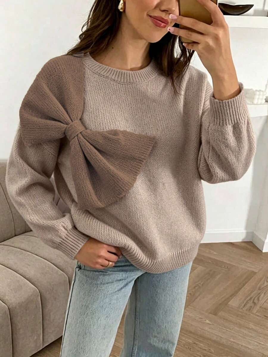 Plus Size Women Contrast Color Bowknot Round Neck Knit Sweater Autumn Winter Loose Drop Shoulder Long Sleeve Wavy Hem Slimming Pullover - Camel - View 1