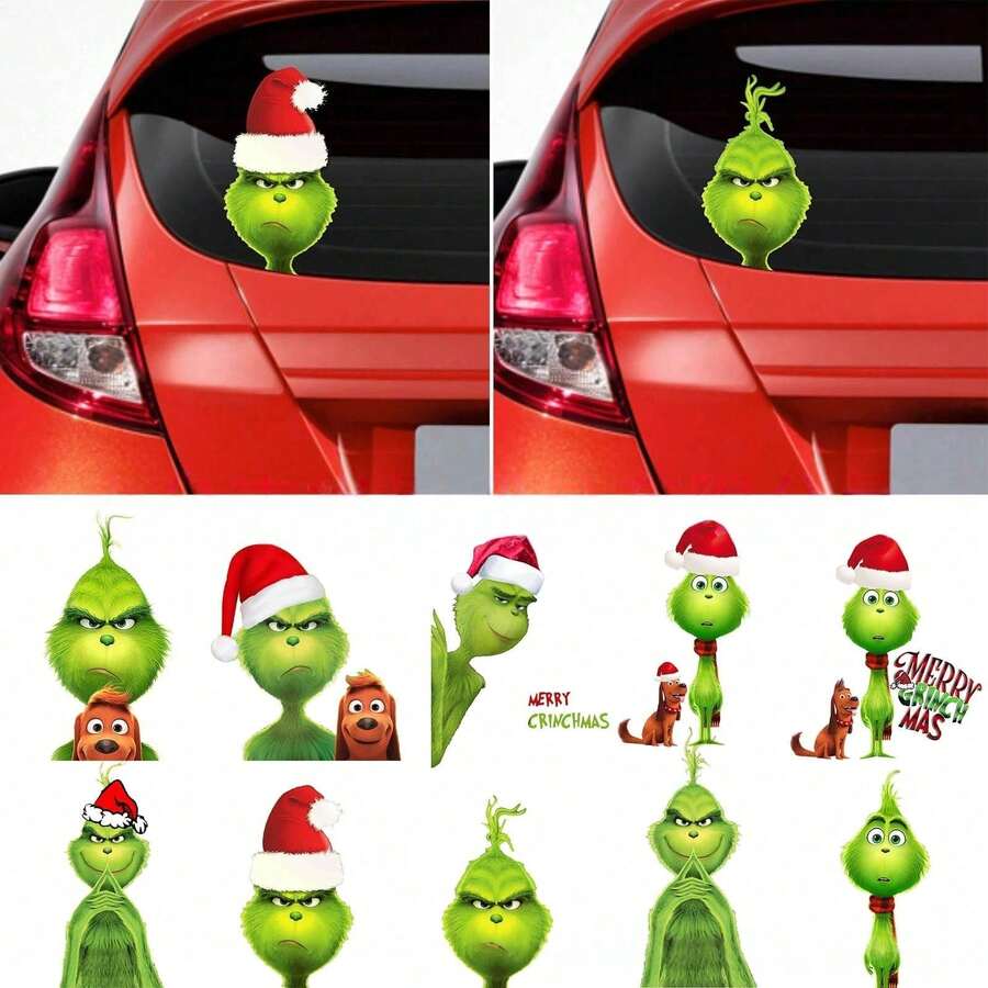 The Grinch Green Fur Monster Cartoon Character Christmas Decoration Car Sticker, PVC Car Body Decoration Sticker, Home Atmosphere Decoration Sticker, Wedding Decoration Sticker, Party Decoration Sticker, Store Glass Door Sticker, Restaurant Decoration Sticker, Funny And Interesting Car Decoration Sticker, Suitable As Christmas Gift For Friends And Family, Halloween Costume Prop - Multicolor - View 1