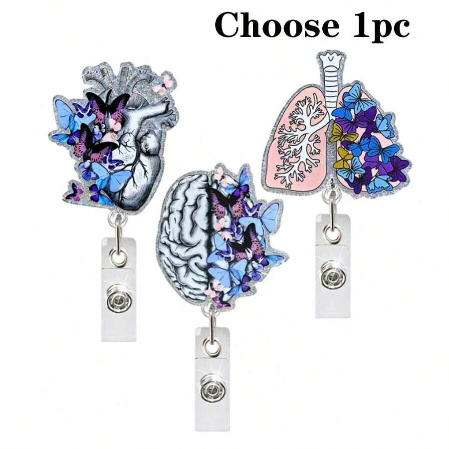 1 Pc Stretchy Blue Butterfly Medical Doctor/Nurse Lung Heart Brain Design Badge Reel ID Card Clip,School Supplies,Back To School - Multicolor - View 1