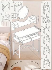 Modern White Dressing Table Makeup Vanity Desk With 2 Drawers & Round Mirror, Space-Saving Bedroom Furniture, Ideal Christmas Gift & New Year Home Decoration - White - View 2