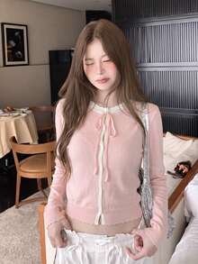 Fashionable Soft Pink Round Neck Tie-Front Knitted Cardigan Women's Autumn/Winter New Contrast Trim Loose Soft Sweet Sweater Jacket - Pink - View 2