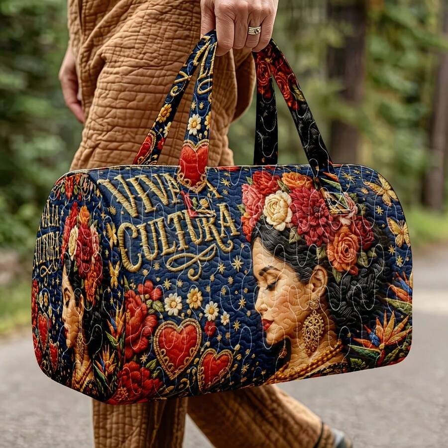 1pc Navy Blue Quilted Cylindrical Handbag, Mexican Style Floral Pattern, Women's Halloween, Thanksgiving, Christmas Gift, Random Print - Multicolor - View 1