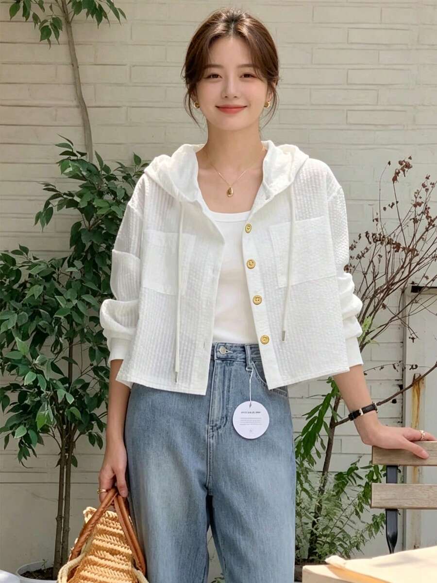 YCYC 韓式夏季優雅百搭女款單排扣條紋拼色短版寬鬆長袖防曬連帽襯衫 - 白色 - 查看 1