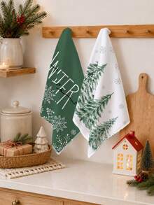 2PCS Kitchen Towels Christmas Tree Snowflake Print 40*60cm Minimalist Style Rectangular Microfiber Kitchen Towels, Dish Cloths, Tablecloths, Hand Towels, Christmas Home Decor, Bathroom Kitchen Decor, Housewarming Gifts For Neighbors, Perfect For Kitchen And Bathroom Use, Suitable For Housewives And Family Gatherings, Great Value, Essential Home Product - White - View 6