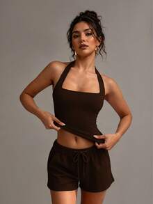 XLLAIS Sexy Holiday Backless Camisole, Fashionable Square Neck Elastic Casual Slim Fit Summer Tank Top For Women - Dark Brown - View 1