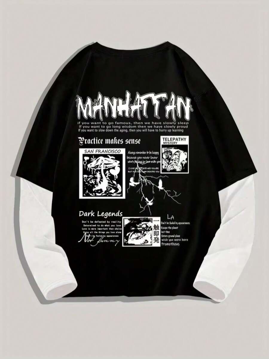 Men's 2 In 1 Patchwork Long Sleeve T-Shirt, Gothic Font City Poster Style Back Large Print, Loose Drop Shoulder Top - Black - View 1