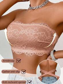 Women's Bandeau Lace Bra, Wireless Cross Back Support, Anti-Slip Side Support, Adjustable Buckle, No Padding Bandeau Bra, Suitable For Matching With Dresses And Tops - Champagne - View 4