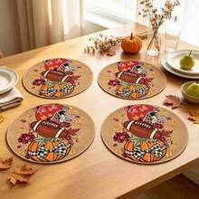 1/4/6pcs Autumn Collection American Football & Pumpkin Hand-Painted Pattern Placemats, Polyester Fiber, Suitable For Home Kitchen Table Decoration And Party Scene Decor - Multicolor - View 2