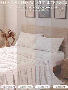 4-Piece Fashion Rainbow Stripe Bow Pattern Bedding Set, Easy Care Soft Bedding, Floral Fitted Sheet Set (1 Flat Sheet + 1 Fitted Sheet + 2 Pillowcases), Deep Pocket Up To 11.8 Inches, Soft And Breathable, Back To School Dorm Bedding Set - Pink - View 6
