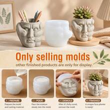SUPWANPENG Abstract Hand-Held Face Silicone Mold, Creative Face & Hand Shape Silicone Mold For DIY Cement Succulent Planter, Pen Holder, Aromatherapy Candle Jar, Resin Casting Desktop Art Decor Mold - A - View 3