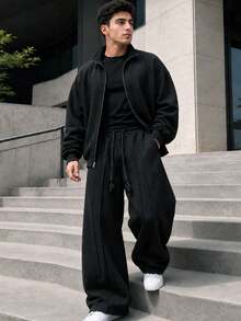 HEYKESON Men's Stand Collar Zip-Up Jacket & Wide Leg Sweatpants 2 Pieces Casual Set - Black - View 1