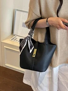 現代優雅精緻金屬裝飾女款手提包，時尚百搭優雅絲巾肩帶水桶包 - 黑色 - 查看 2