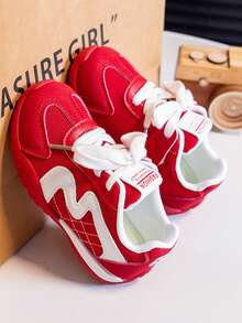 Kids Gray Yellow Color Block Mesh Sneakers Breathable Lace Up Non-Slip Outdoor Walking Shoes - Red - View 4