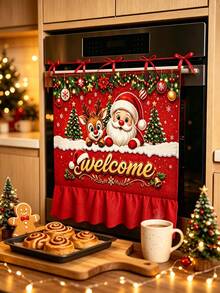 Christmas Oven Door Curtain, Santa Claus And Reindeer Welcome Print, Red Ruffle Trim Hanging Decor, Suitable For Kitchen, Holiday Party, Farmhouse Home Decor - D - View 2
