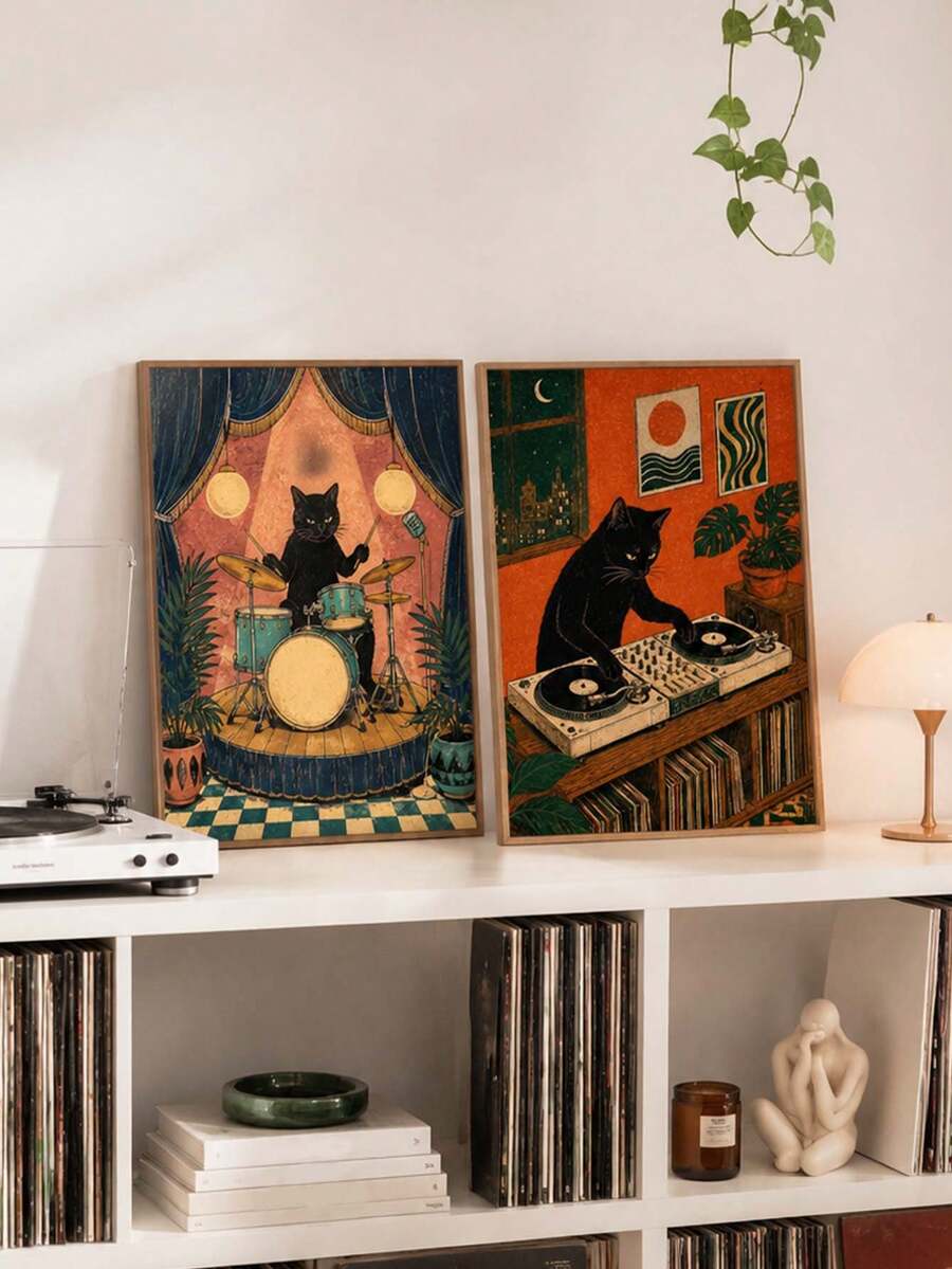 1/2pcs Retro DJ Black Cat Canvas Wall Art, Unframed Vintage Vinyl ...