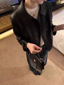 Women's New Spring/Autumn Minimalist Casual Turn-Collar Short Leather Jacket, Korean Style Loose Versatile Top - Black - View 5