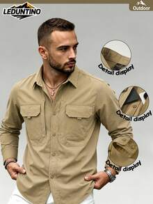 LEDUNTINO [Spring/Summer]Men's Fashion Button Casual Outdoor Shirt, Pure Green, Sports Cargo Style Style, Quick Dry, Boyfriend Gift, Men's Spring/Autumn Long Sleeve Shirt - Khaki - View 2