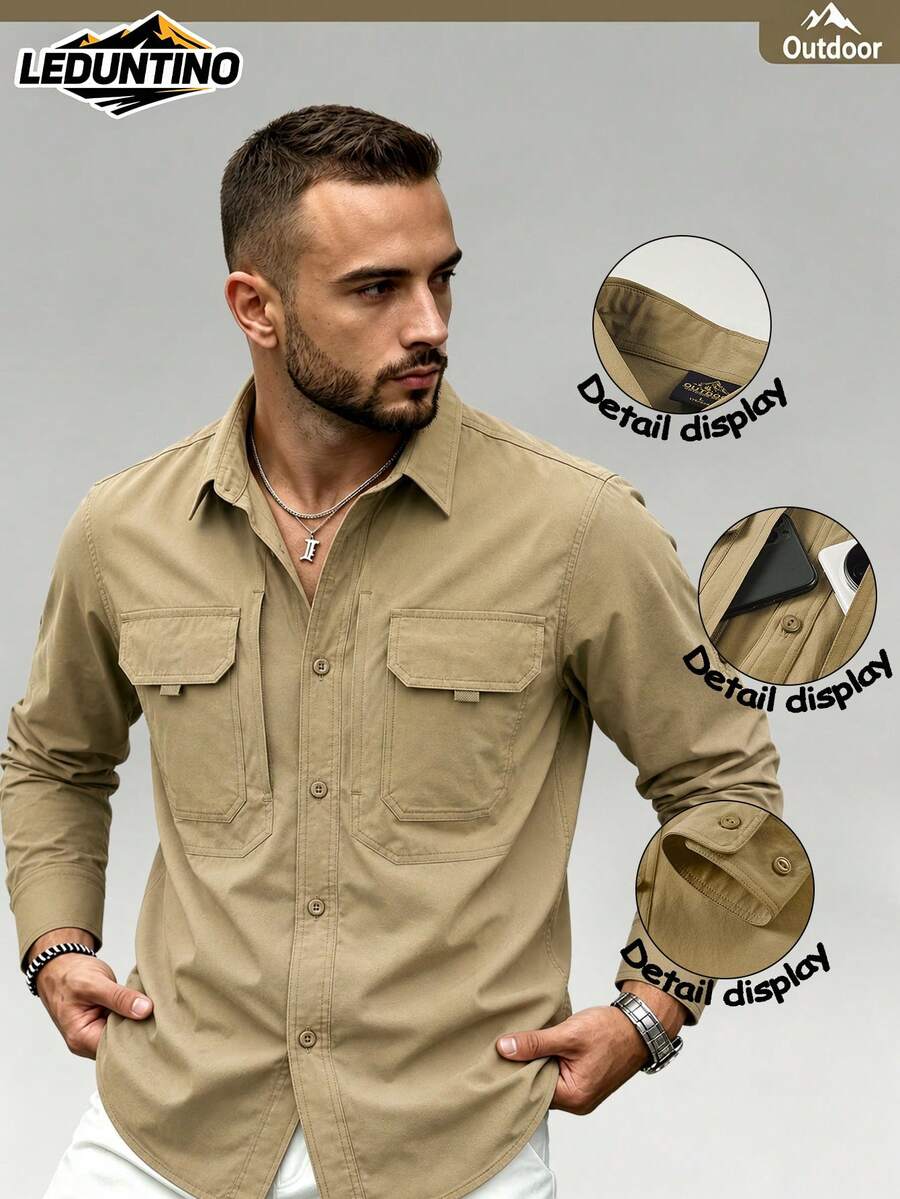 LEDUNTINO [Spring/Summer]Men's Fashion Button Casual Outdoor Shirt, Pure Green, Sports Cargo Style Style, Quick Dry, Boyfriend Gift, Men's Spring/Autumn Long Sleeve Shirt