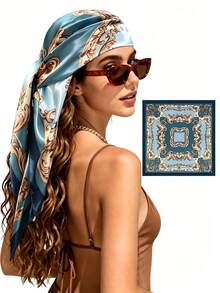 Women's Baroque Print Satin Square Scarf, Vintage Multi-Functional Headscarf, Hair Band Scarf, Daily Vacation Party Outfit Accessory - Multicolor 2 - View 1