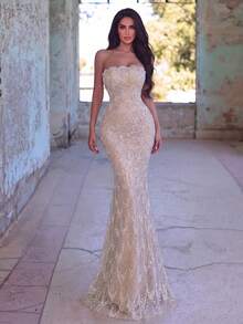 Elegant Mermaid Strapless Evening Gown - Exquisite Embroidered Sequin Formal Dress Fall Wedding Party - Champagne - View 9