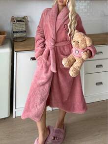 1pc Women's Solid Color Minimalist Elegant Plush Robe, Warm & Comfortable, Suitable For Home Wear And Bathing In Autumn/Winter - Dusty Pink - View 5