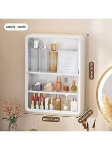 1pc No-Drill Wall-Mounted Cosmetic Storage Rack, Multi-Functional Cosmetic Storage Box With Detachable Shelves, Transparent Bathroom Accessories, Unfinished Surface, Space-Saving Display Box; Also Suitable As Blind Box, Toys Or Medicine Storage - White - View 5