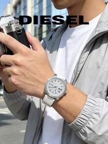 DIESEL DZ5272 Men Minimal Quartz Watch Clean White‑Tone Dial Silver Metal Shell Stitched Decor Strap 3BAR Casual Gift Watch For Men - Green - View 4