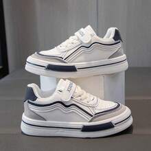 Non-Slip Soft Sole Hook & Loop Children's Sneakers, Spring/Autumn School Daily Casual Versatile Color Block White Shoes - Blue - View 1