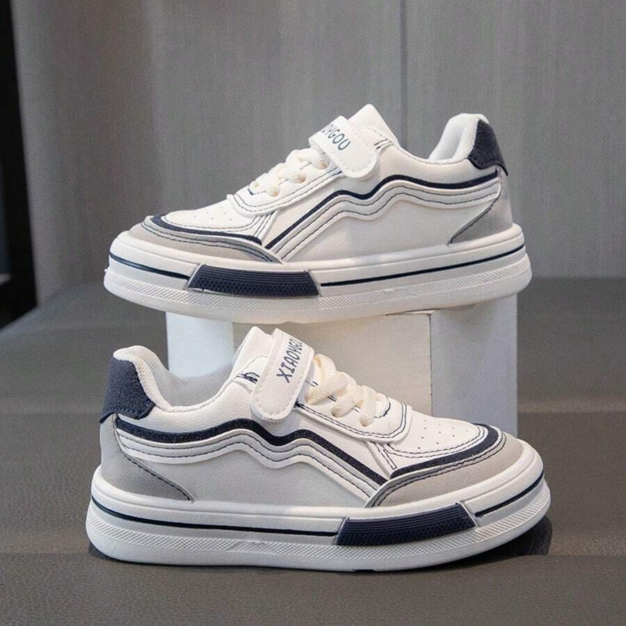 Non-Slip Soft Sole Hook & Loop Children's Sneakers, Spring/Autumn School Daily Casual Versatile Color Block White Shoes - Blue - View 1