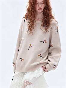 New Autumn/Winter Women's Elegant Gentle Style Botanical Print Round Neck Pullover Sweater - Apricot - View 2