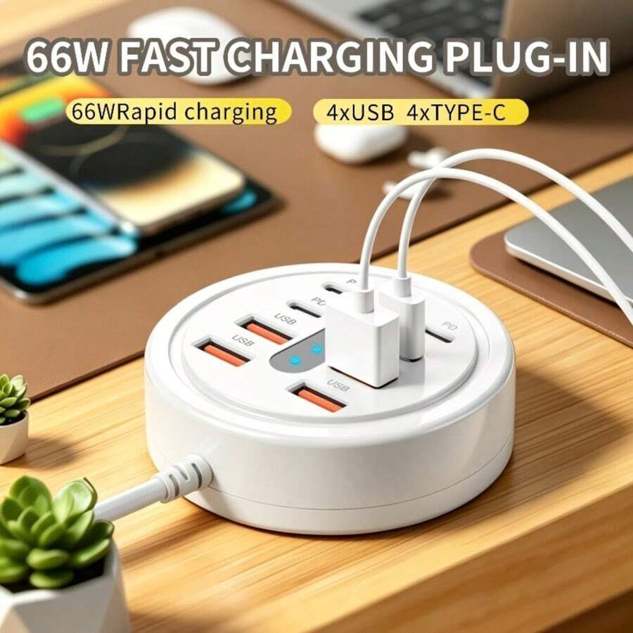 Upgraded 66W Round 8-Port USB Fast Charging Station - 4*Type-C PD + 4*USB-A, Compact Artistic Design, High-Speed Charging, Suitable For Laptops/Tablets/Multiple Devices, A Fast Charger Designed For Multiple Devices, Space-Saving Power Hub - View 1