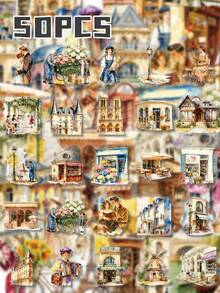 50Pcs PET Vintage Paris Street Stickers, Patterns Of European Buildings, Retro Figures, Eiffel Tower And Flower‑Shop Street Scenes, Suitable For Journals, Water Bottles, Notebooks, Storage Boxes, Skateboards, Helmets, Luggage, Laptops, Guitars - Multicolor - View 8