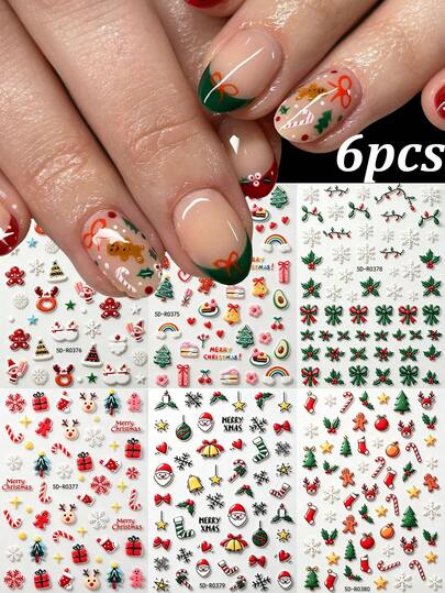 6pcs 5D Embossed Dessert Christmas Nail Stickers Cartoon Snowflake Candy Cane Holly Nail Decals Kawaii Kids Christmas Decoration