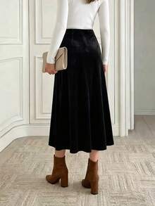 Women's High Waist Side Button Slit Skirt, Black Velvet Mid-Length Skirt, Suitable For Afternoon Tea/Vacation/Date/Party Wear - Black - View 2