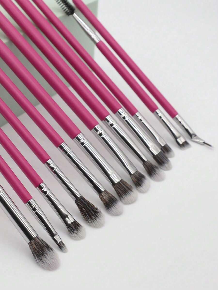 Rose Red 12-Piece Eye Brush Set, Without Storage Bag, Suitable For Party, Home Or Travel Use - Hot Pink - View 1