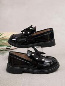 Shu Rui Fashion Girls Pearl Bow Loafers, Elegant Versatile Slip-On Flat Shoes, Daily And School Wear Student Shoes - Black - View 2