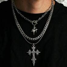 3pcs Vintage Gothic Punk Style Star & Shooting Star Stainless Steel Cross Layered Necklace Set, 3-Layer Clavicle Chain Y2K European & American Style Necklaces For Women - Silver - View 1